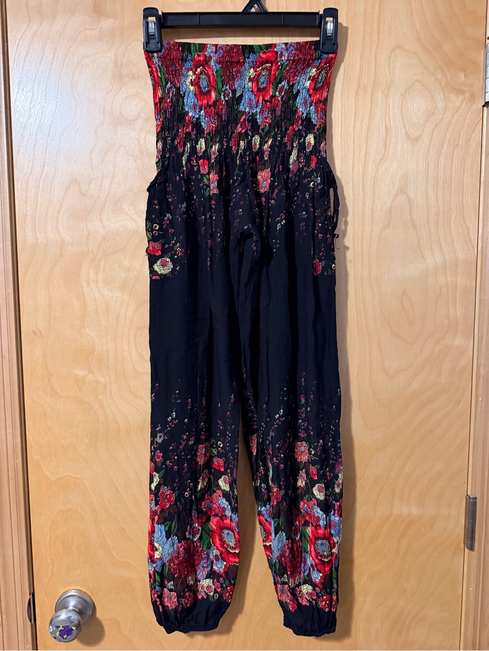 Floral Smocked Waist Black bohemian pants - Women's XS
